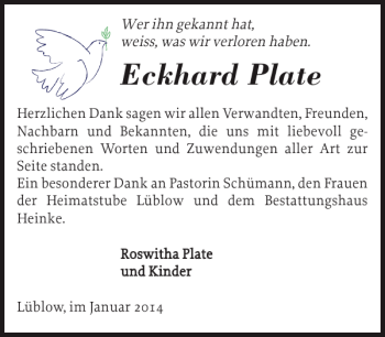 Traueranzeige von Eckhard Plate von Ludwigsluster Tageblatt