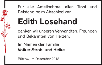 Traueranzeige von Edith Losehand von Bützower Zeitung