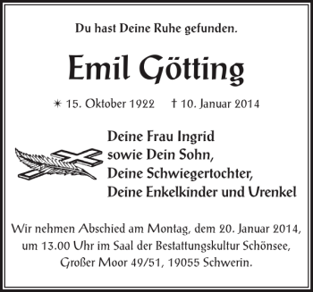 Traueranzeige von Emil Götting von Zeitung für die Landeshauptstadt