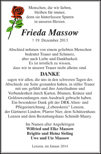 Traueranzeige von Frieda Massow von Der Prignitzer