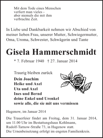 Traueranzeige von Gisela Hammerschmidt von Hagenower Kreisblatt