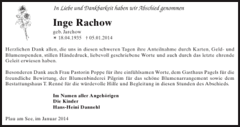 Traueranzeige von Inge Rachow von Parchimer Zeitung