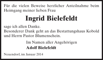 Traueranzeige von Ingrid Bielefeldt von Gadebusch-Rehnaer Zeitung