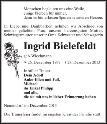 Traueranzeige von Ingrid Bielefeldt von Gadebusch-Rehnaer Zeitung