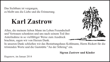 Traueranzeige von Karl Zastrow von Hagenower Kreisblatt