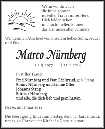 Traueranzeige von Marco Nürnberg von Ludwigsluster Tageblatt