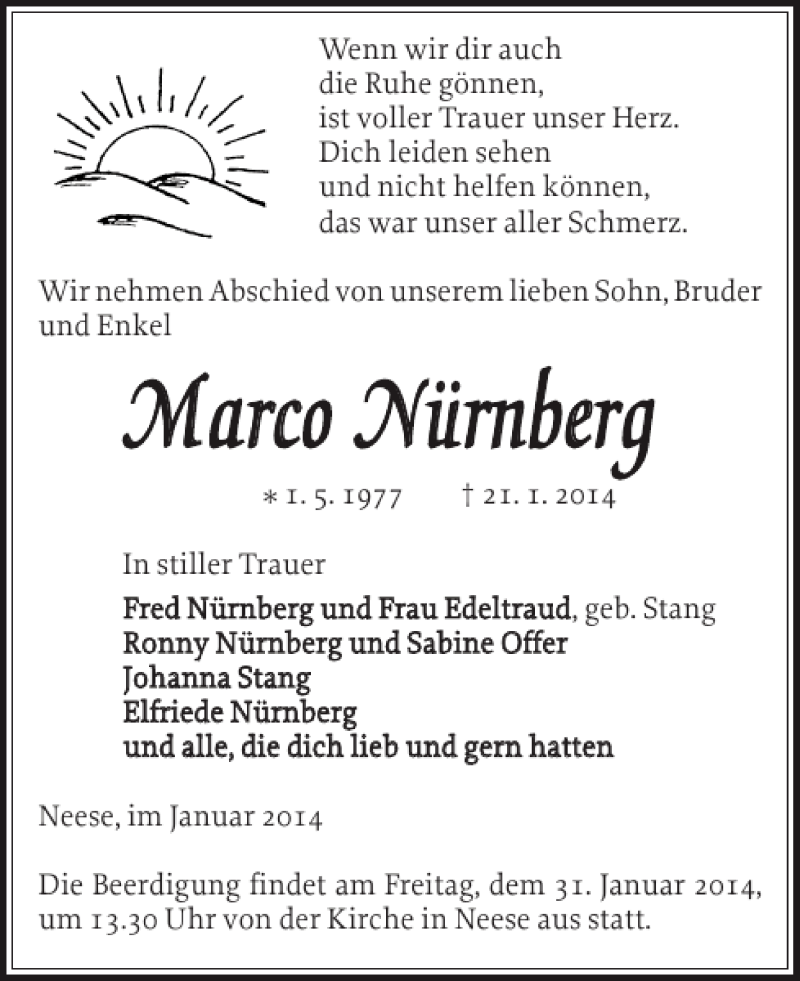  Traueranzeige für Marco Nürnberg vom 25.01.2014 aus Ludwigsluster Tageblatt