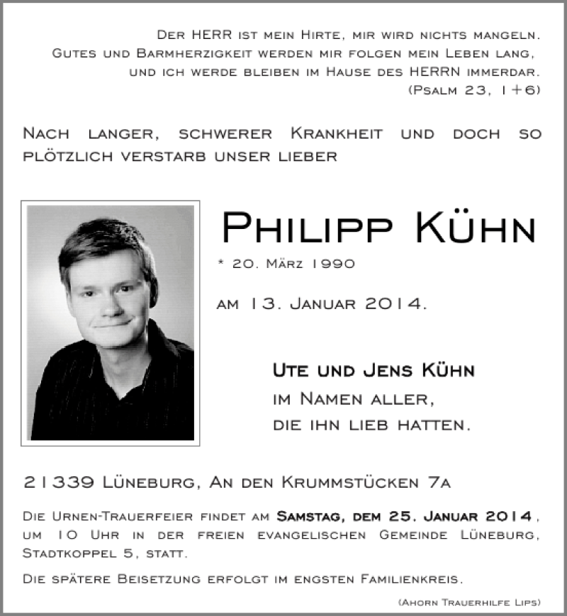  Traueranzeige für Philipp Kühn vom 18.01.2014 aus Der Prignitzer