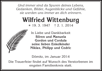 Traueranzeige von Wilfried Wittenburg von Ludwigsluster Tageblatt