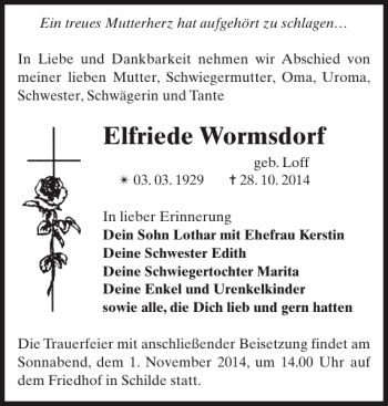 Traueranzeige von Elfriede Wormsdorf von Der Prignitzer