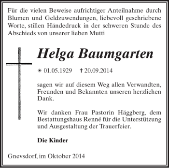 Traueranzeige von Helga Baumgarten von Zeitung für Lübz - Goldberg - Plau