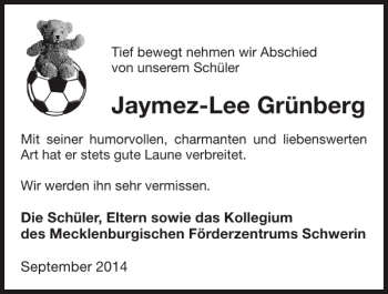 Traueranzeige von Jaymez-Lee Grünberg von Zeitung für die Landeshauptstadt