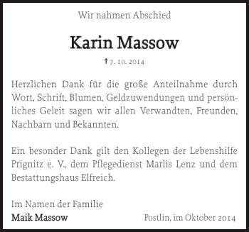 Traueranzeige von Karin Massow von Der Prignitzer