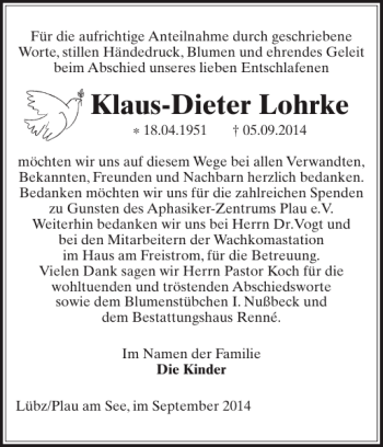 Traueranzeige von Klaus-Dieter Lohrke von Zeitung für Lübz - Goldberg - Plau