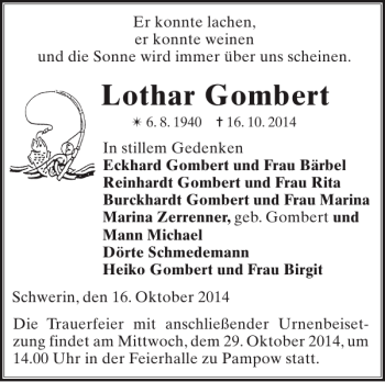 Traueranzeige von Lothar Gombert von Zeitung für die Landeshauptstadt