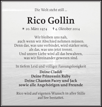 Traueranzeige von Rico Gollin von Zeitung für die Landeshauptstadt