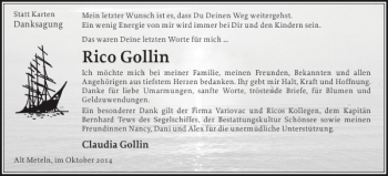 Traueranzeige von Rico Gollin von Zeitung für die Landeshauptstadt