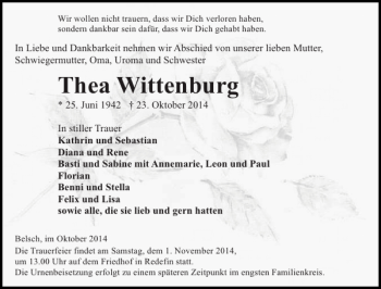 Traueranzeige von Thea Wittenburg von Hagenower Kreisblatt