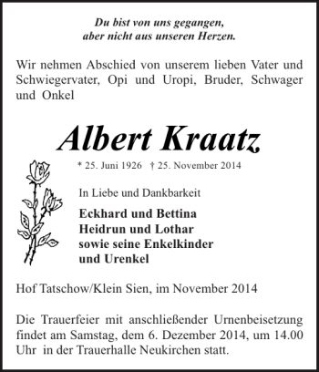 Traueranzeige von Albert Kraatz von Bützower Zeitung