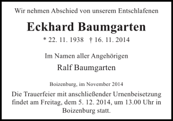 Traueranzeige von Eckhard Baumgarten von Hagenower Kreisblatt