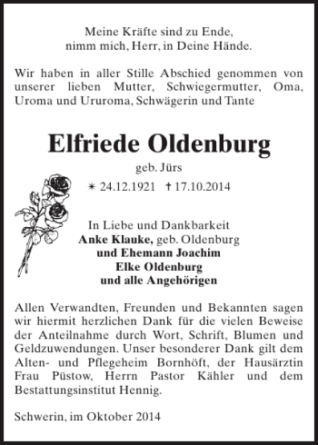 Traueranzeige von Elfriede Oldenburg von Zeitung für die Landeshauptstadt