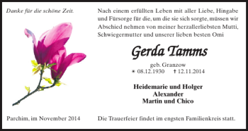 Traueranzeige von Gerda Tamms von Parchimer Zeitung