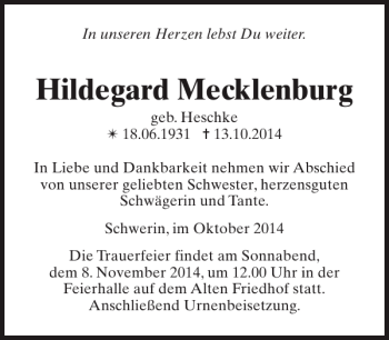 Traueranzeige von Hildegard Mecklenburg von Zeitung für die Landeshauptstadt