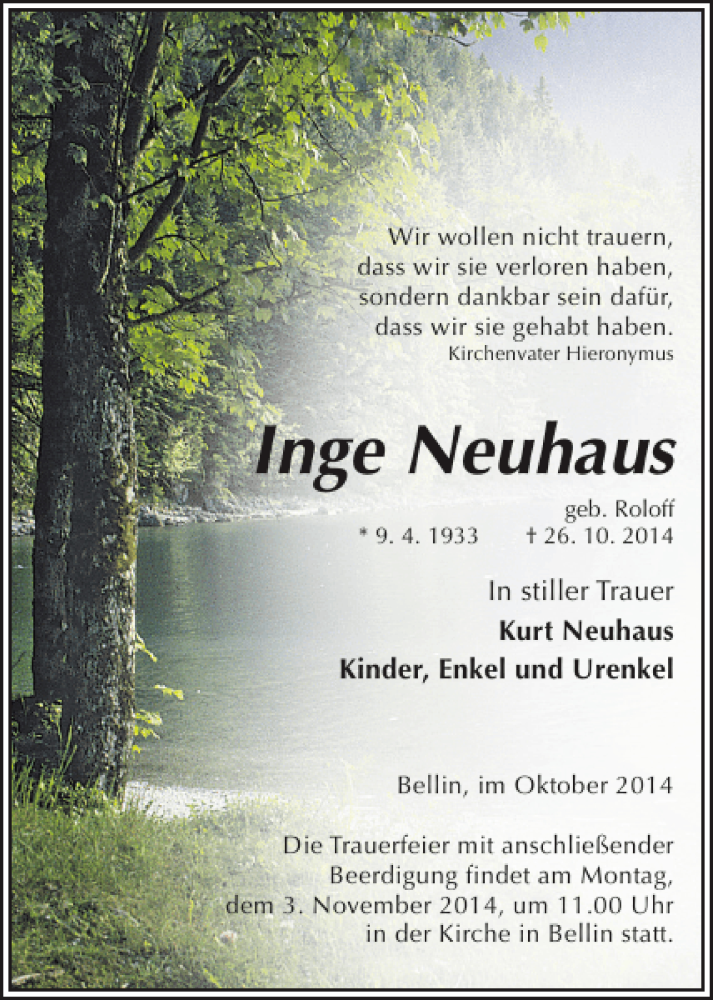  Traueranzeige für Inge Neuhaus vom 01.11.2014 aus Güstrower Anzeiger