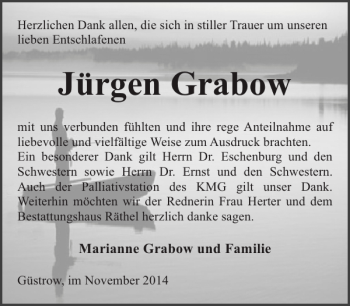 Traueranzeige von Jürgen Grabow von Bützower Zeitung