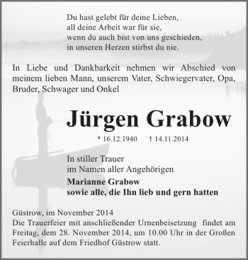 Traueranzeige von Jürgen Grabow von Güstrower Anzeiger