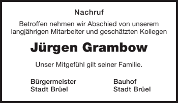 Traueranzeige von Jürgen Grambow von Anzeiger für Sternberg - Brüel - Warin