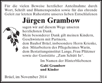 Traueranzeige von Jürgen Grambow von Anzeiger für Sternberg - Brüel - Warin