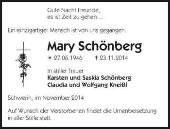 Traueranzeige von Mary Schönberg von Zeitung für die Landeshauptstadt