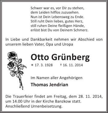 Traueranzeige von Otto Grünberg von Zeitung für die Landeshauptstadt