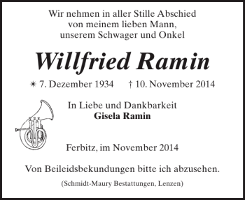 Traueranzeige von Willfried Ramin von Der Prignitzer