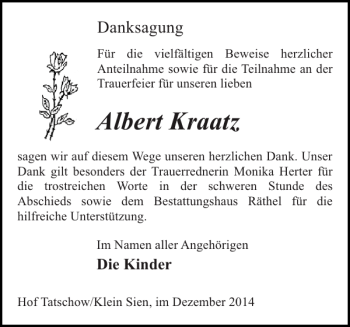 Traueranzeige von Albert Kraatz von Bützower Zeitung