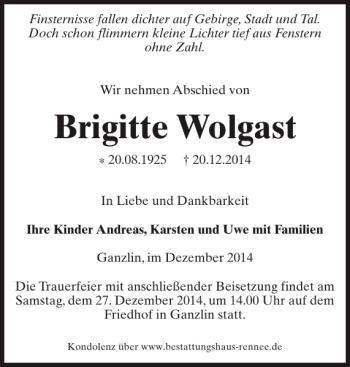 Traueranzeige von Brigitte Wolgast von Zeitung für Lübz - Goldberg - Plau