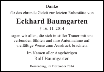 Traueranzeige von Eckhard Baumgarten von Hagenower Kreisblatt