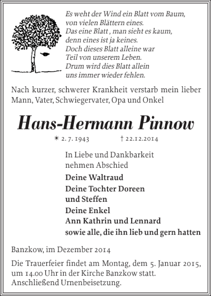  Traueranzeige für Hans-Hermann Pinnow vom 30.12.2014 aus Zeitung für die Landeshauptstadt