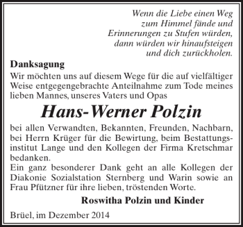 Traueranzeige von Hans-Werner Polzin von Anzeiger für Sternberg - Brüel - Warin