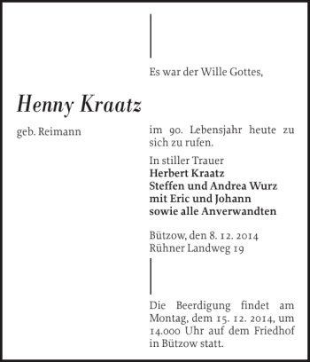 Traueranzeige von Henny Kraatz von Bützower Zeitung