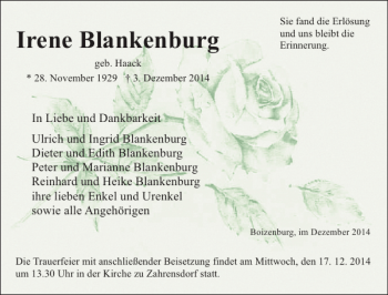 Traueranzeige von Irene Blankenburg von Hagenower Kreisblatt