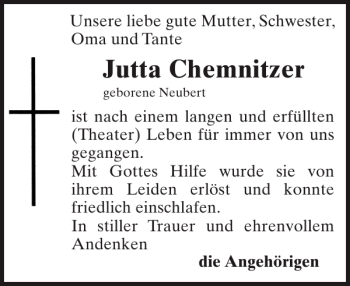 Traueranzeige von Jutta Chemnitzer von Zeitung für die Landeshauptstadt