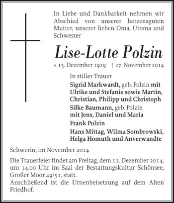 Traueranzeige von Lise-Lotte Polzin von Zeitung für die Landeshauptstadt