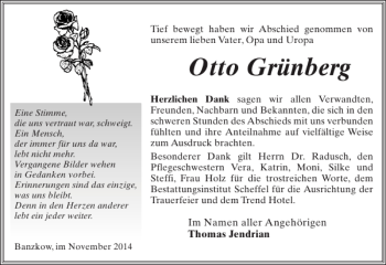 Traueranzeige von Otto Grünberg von Zeitung für die Landeshauptstadt