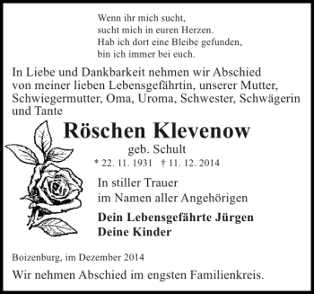 Traueranzeige von Röschen Klevenow von Hagenower Kreisblatt