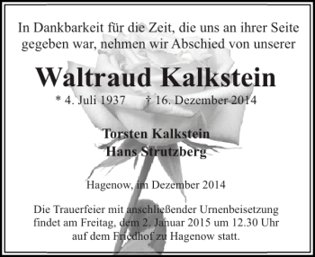 Traueranzeige von Waltraud Kalkstein von Hagenower Kreisblatt