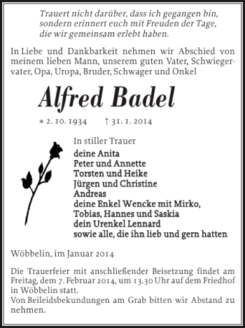 Traueranzeige von Alfred Badel von Ludwigsluster Tageblatt