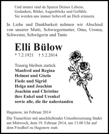 Traueranzeige von Elli Bülow von Hagenower Kreisblatt