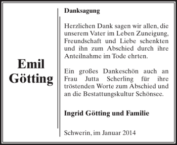 Traueranzeige von Emil Götting von Zeitung für die Landeshauptstadt